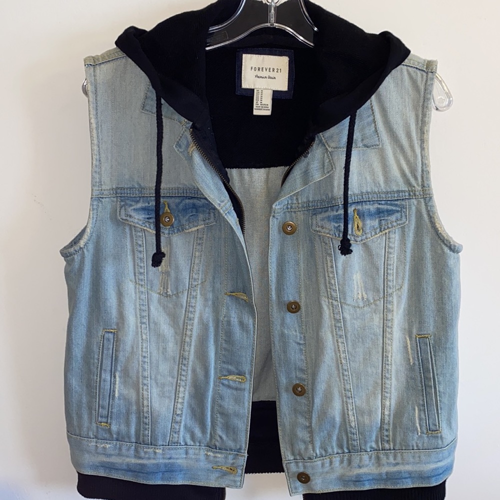 F21 Premium Denim Hooded Zip up Denim Vest - Picture 4 of 7